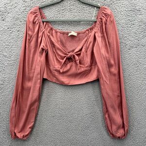 Altar'd State Dusty Rose Smocked Crop Top Tie Front Long Sleeve Peasant Blouse L